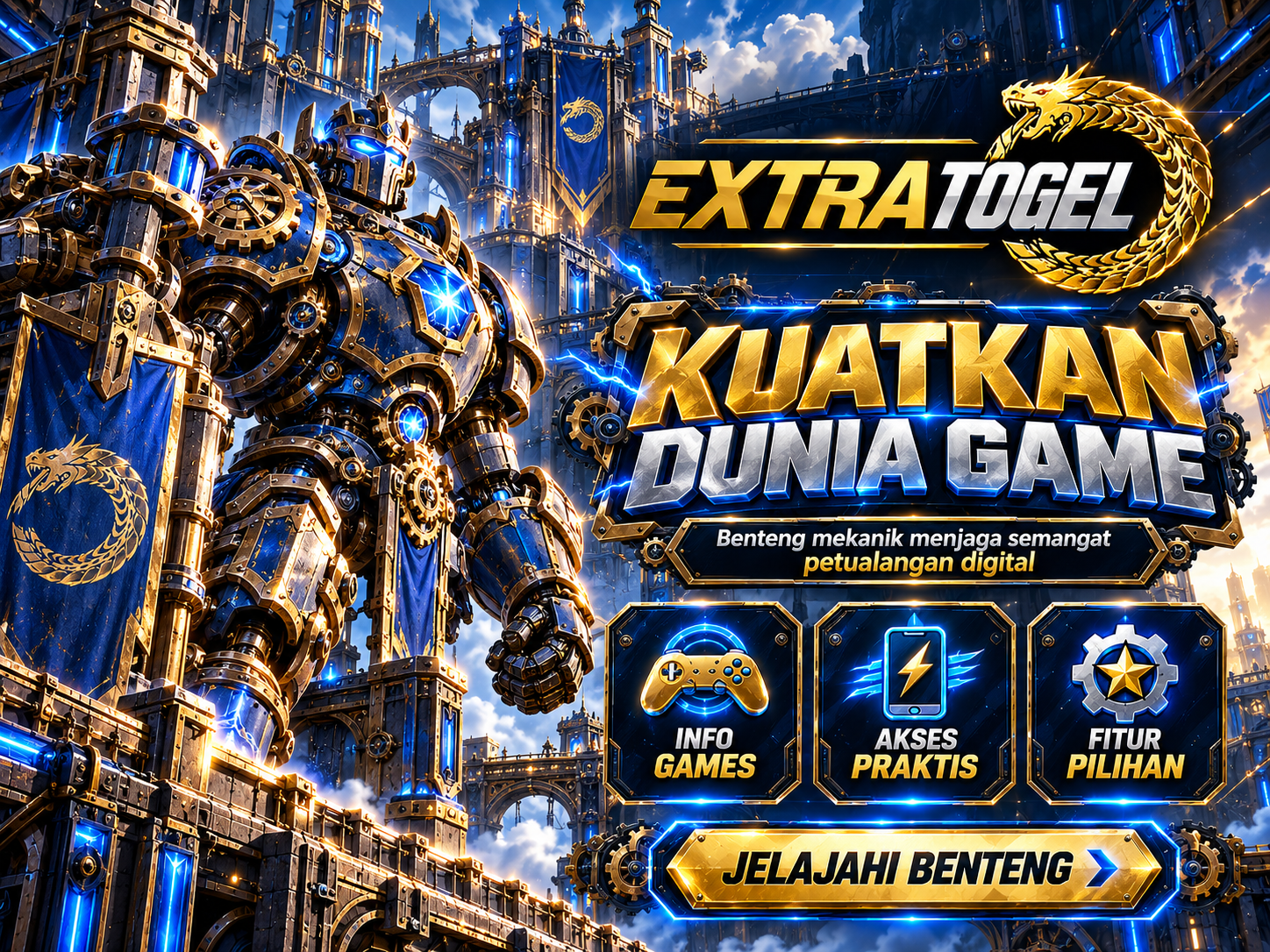 Banner EXTRATOGEL dengan golem mekanik biru emas berdiri di depan benteng roda gigi